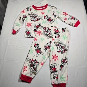 Disney Mickey  Mouse 2T Christmas Holiday Pajamas Set Kids  Fleece‎ Red White
